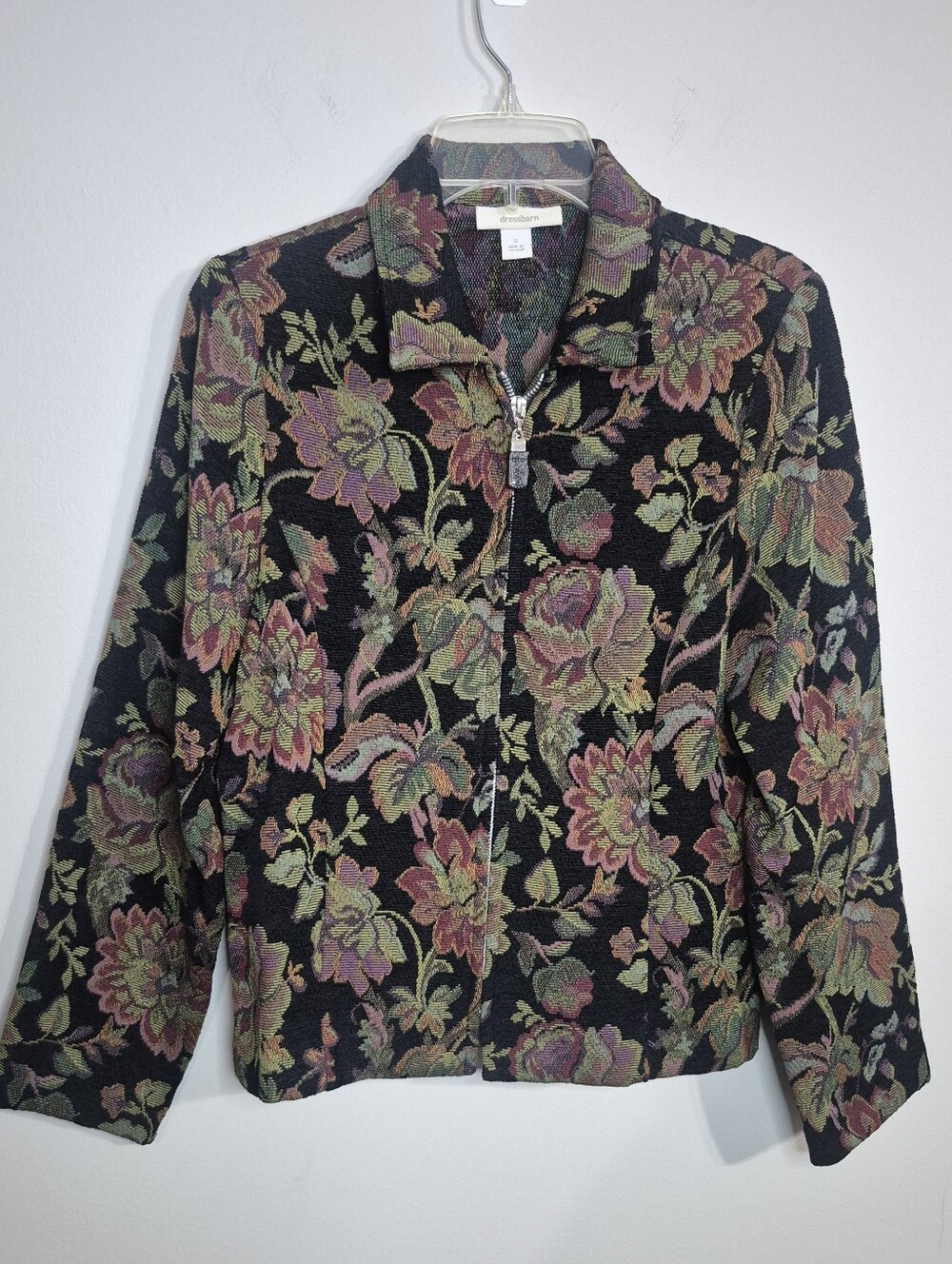Dressbarn Black Floral Zip-Front Jacquard Jacket